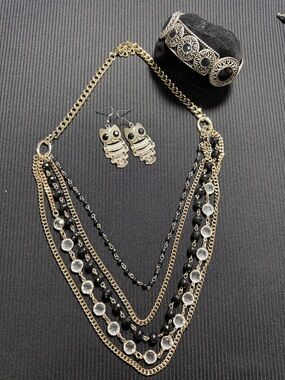 Layered Necklace Set with Black Accents and  Owl Earrings